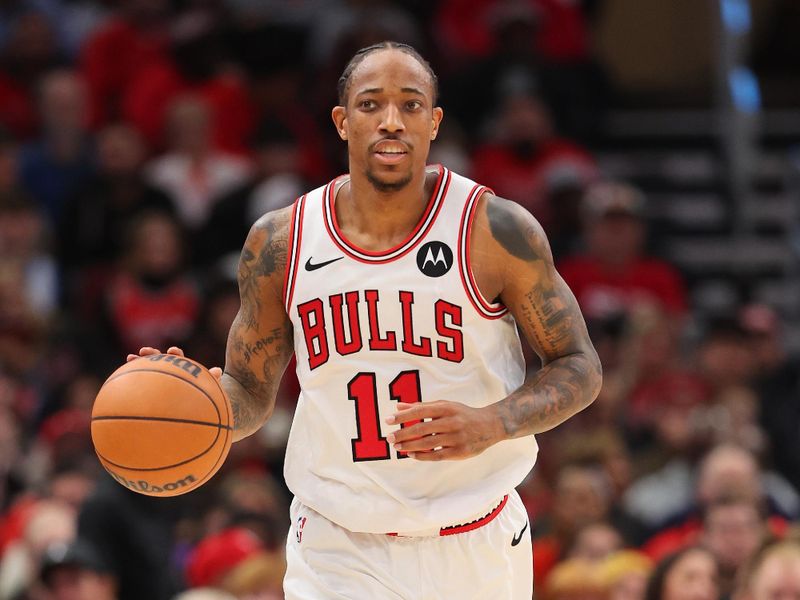 CHICAGO, ILLINOIS - DECEMBER 23: DeMar DeRozan #11 of the Chicago Bulls dribbles up the court against the Cleveland Cavaliers during the second half at the United Center on December 23, 2023 in Chicago, Illinois. NOTE TO USER: User expressly acknowledges and agrees that, by downloading and or using this photograph, User is consenting to the terms and conditions of the Getty Images License Agreement.  (Photo by Michael Reaves/Getty Images)