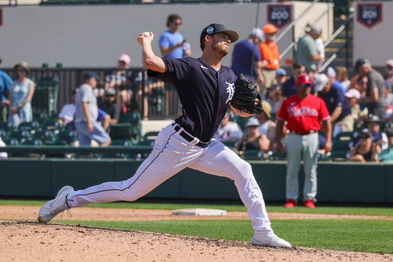 Feb 25, 2023; Lakeland, Florida, USA; Detroit Tigers starting pitcher Mason Englert (53) throws a pitch during the sixth inning against the Philadelphia Phillies at Publix Field at Joker Marchant Stadium. Mandatory Credit: Mike Watters-USA TODAY Sports