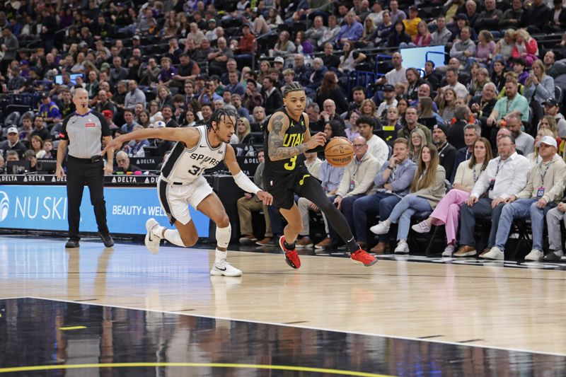 SALT LAKE CITY, UT - MARCH 27: Keyonte George #3 of the Utah Jazz dribbles the ball during the game against the San Antonio Spurs on March 27, 2024 at Delta Center in Salt Lake City, Utah. NOTE TO USER: User expressly acknowledges and agrees that, by downloading and or using this Photograph, User is consenting to the terms and conditions of the Getty Images License Agreement. Mandatory Copyright Notice: Copyright 2024 NBAE (Photo by Chris Nicoll/NBAE via Getty Images)