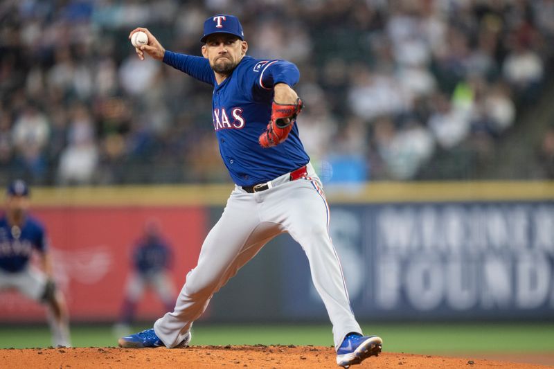 Jun 15, 2024; Seattle, Washington, USA; Texas Rangers starter Nathan Eovaldi (17) delivers a pitch during the first inning against the Seattle Mariners at T-Mobile Park. Mandatory Credit: Stephen Brashear-USA TODAY Sports