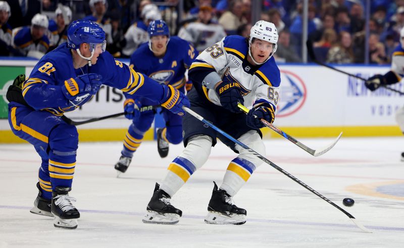 Nov 14, 2024; Buffalo, New York, USA;  St. Louis Blues left wing Jake Neighbours (63) makes a pass as Buffalo Sabres center Sam Lafferty (81) defends during the third period at KeyBank Center. Mandatory Credit: Timothy T. Ludwig-Imagn Images