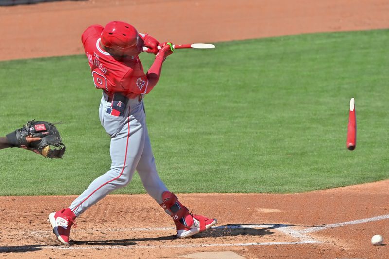 Mar 1, 2024; Peoria, Arizona, USA; Los Angeles Angels second baseman Kyren Paris (19) hits a single with a broken bat in the second inning against the San Diego Padres during a spring training game at Peoria Sports Complex. Mandatory Credit: Matt Kartozian-USA TODAY Sports