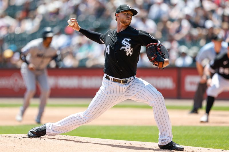 Jun 10, 2023; Chicago, Illinois, USA; Chicago White Sox starting pitcher Michael Kopech (34) pitches against the Miami Marlins during the first inning at Guaranteed Rate Field. Mandatory Credit: Kamil Krzaczynski-USA TODAY Sports