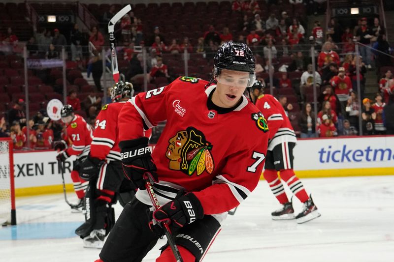 Oct 4, 2024; Chicago, Illinois, USA; Chicago Blackhawks defenseman Alex Vlasic (72) during warmups before a game against the Minnesota Wild at United Center. Mandatory Credit: David Banks-Imagn Images