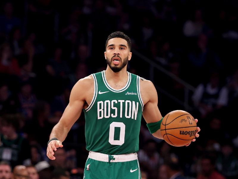 NEW YORK, NEW YORK - MAY 10: Jayson Tatum #0 of the Boston Celtics dribbles against the New York Knicks during the third quarter in Game Three of the Eastern Conference Second Round NBA Playoffs at Madison Square Garden on May 10, 2025 in New York City. NOTE TO USER: User expressly acknowledges and agrees that, by downloading and or using this photograph, User is consenting to the terms and conditions of the Getty Images License Agreement. (Photo by Al Bello/Getty Images)