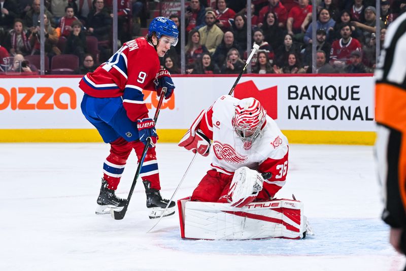 Jan 10, 2026; Montreal, Quebec, CAN; Detroit Red Wings goalie John Gibson (36) makes a save against Montreal Canadiens center Oliver Kapanen (91) during the first period at Bell Centre. Mandatory Credit: David Kirouac-Imagn Images