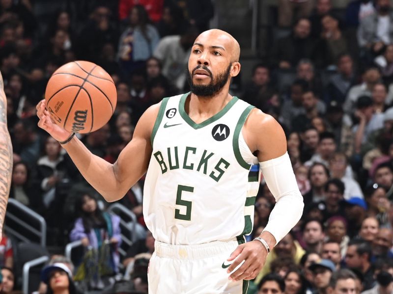 LOS ANGELES, CA - FEBRUARY 10: Jevon Carter #5 of the Milwaukee Bucks dribbles the ball during the game against the LA Clippers on February 10, 2023 at Crypto.Com Arena in Los Angeles, California. NOTE TO USER: User expressly acknowledges and agrees that, by downloading and/or using this Photograph, user is consenting to the terms and conditions of the Getty Images License Agreement. Mandatory Copyright Notice: Copyright 2023 NBAE (Photo by Andrew D. Bernstein/NBAE via Getty Images)