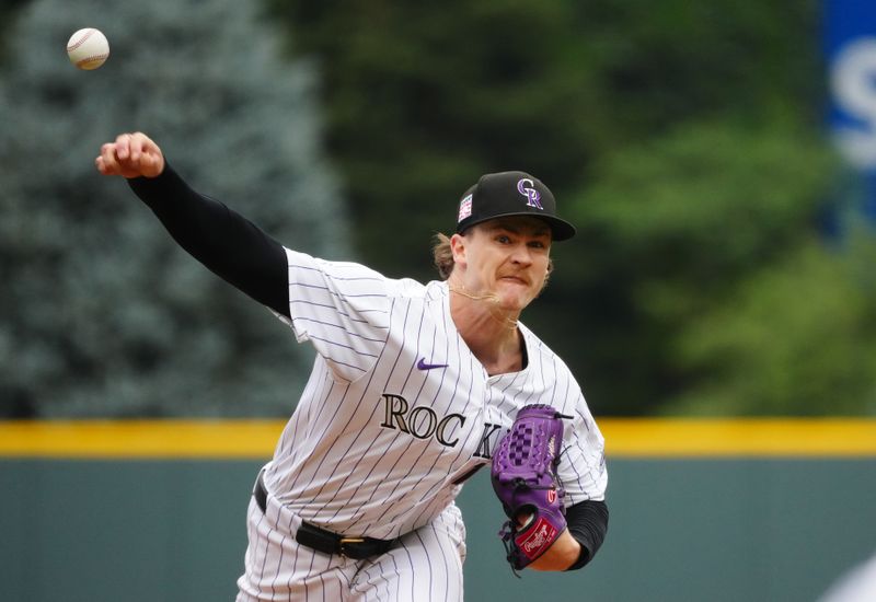 Jul 21, 2024; Denver, Colorado, USA; Colorado Rockies starting pitcher Ryan Feltner (18) delivers a pitch in the first inning against the San Francisco Giants at Coors Field. Mandatory Credit: Ron Chenoy-USA TODAY Sports