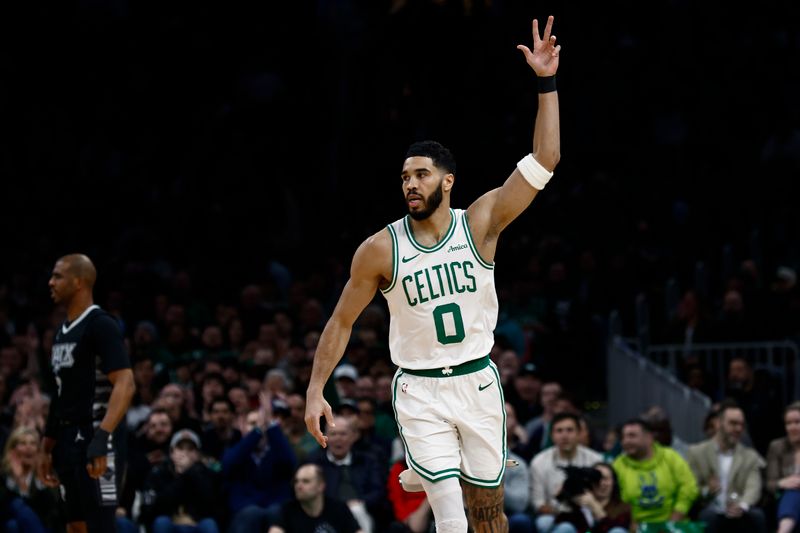 BOSTON, MA - FEBRUARY 12: Jayson Tatum #0 of the Boston Celtics celebrates after making a three point basket against the San Antonio Spurs during the first quarter at TD Garden on February 12, 2025 in Boston, Massachusetts. NOTE TO USER: User expressly acknowledges and agrees that, by downloading and/or using this Photograph, user is consenting to the terms and conditions of the Getty Images License Agreement. (Photo By Winslow Townson/Getty Images)