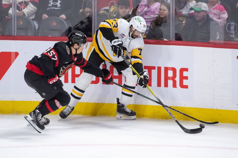 Mar 12, 2024; Ottawa, Ontario, CAN; Ottawa Senators center Shane Pinto (57) battles with Pittsburgh Penguins defenseman Pierre-Olivier Joseph (73) in the third period at the Canadian Tire Centre. Mandatory Credit: Marc DesRosiers-USA TODAY Sports