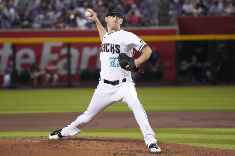 Jun 18, 2023; Phoenix, Arizona, USA; Arizona Diamondbacks starting pitcher Zach Davies (27) pitches against the Cleveland Guardians during the third inning at Chase Field. Mandatory Credit: Joe Camporeale-USA TODAY Sports