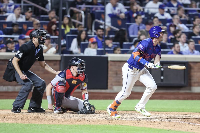 Jun 26, 2025; New York City, New York, USA;  New York Mets left fielder Jeff McNeil (1) hits a two run single in the seventh inning against the Atlanta Braves at Citi Field. Mandatory Credit: Wendell Cruz-Imagn Images