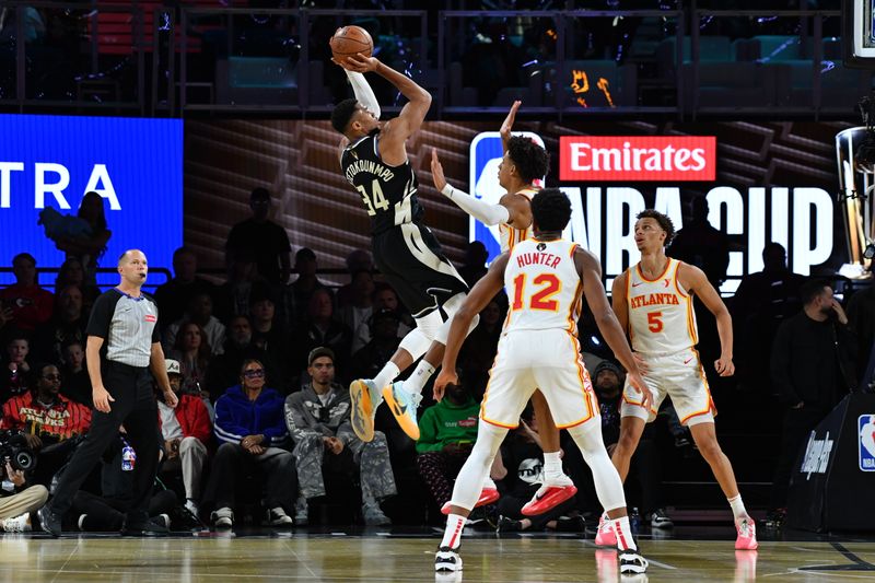 LAS VEGAS, NV - DECEMBER 14: Giannis Antetokounmpo #34 of the Milwaukee Bucks shoots the ball during the game against the Atlanta Hawks during the Emirates NBA Cup Semifinal game on December 14, 2024 at T-Mobile Arena in Las Vegas, Nevada. NOTE TO USER: User expressly acknowledges and agrees that, by downloading and/or using this Photograph, user is consenting to the terms and conditions of the Getty Images License Agreement. Mandatory Copyright Notice: Copyright 2024 NBAE (Photo by Juan Ocampo/NBAE via Getty Images)