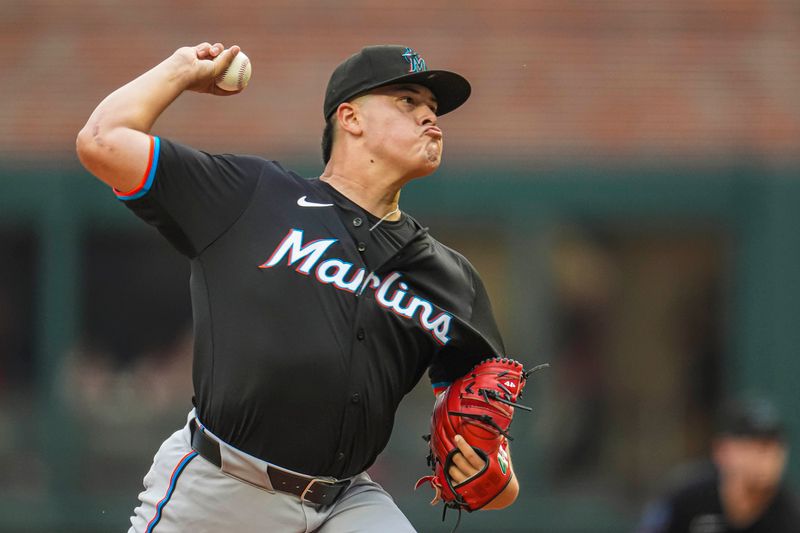 Aug 2, 2024; Cumberland, Georgia, USA; Miami Marlins starting pitcher Valente Bellozo (83) pitches against the Atlanta Braves during the first inning at Truist Park. Mandatory Credit: Dale Zanine-USA TODAY Sports