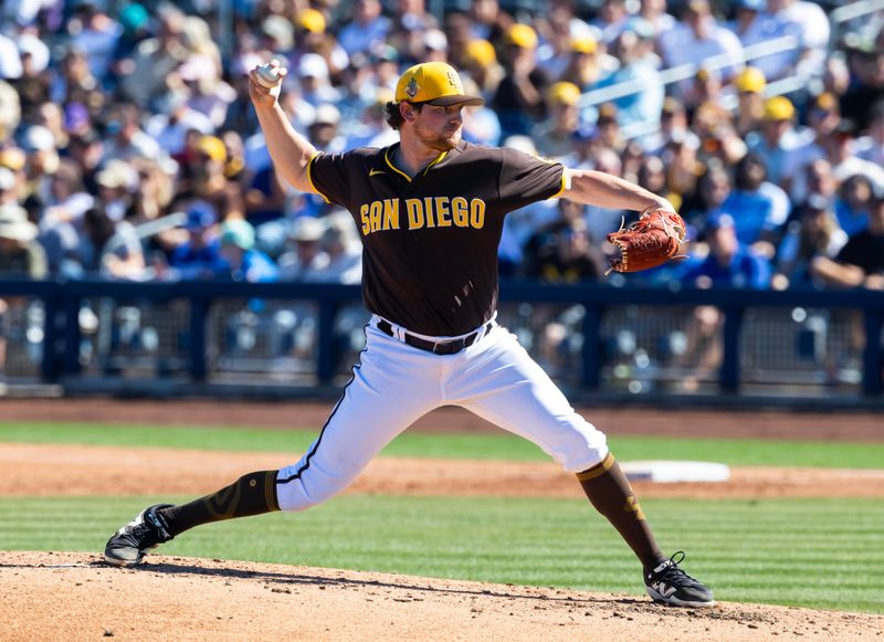 Feb 22, 2026; Peoria, Arizona, USA; San Diego Padres pitcher Michael Flynn against the Los Angeles Dodgers during a spring training game at Peoria Sports Complex. Mandatory Credit: Mark J. Rebilas-Imagn Images Feb 22, 2026; Peoria, Arizona, USA; San Diego Padres pitcher Michael Flynn against the Los Angeles Dodgers during a spring training game at Peoria Sports Complex. Mandatory Credit: Mark J. Rebilas-Imagn Images