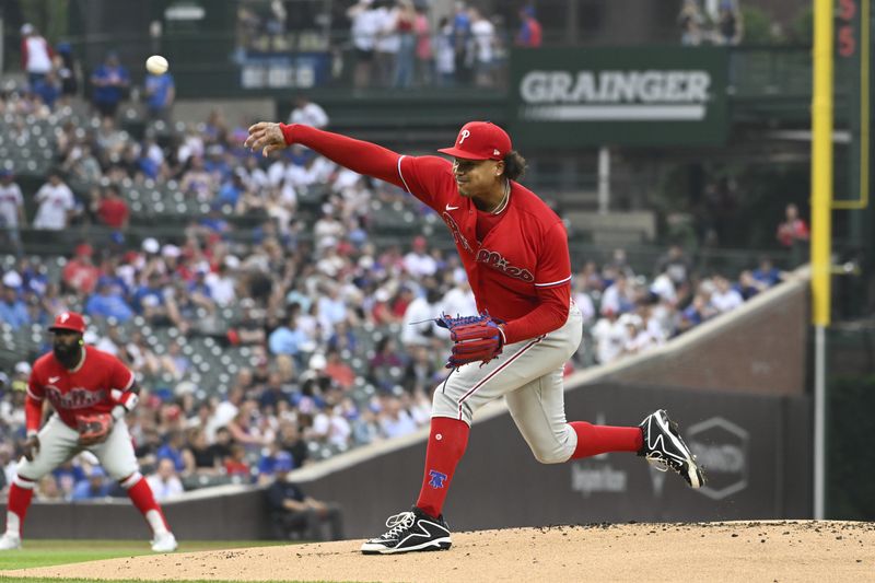 Jun 29, 2023; Chicago, Illinois, USA;  Philadelphia Phillies starting pitcher Taijuan Walker (99) delivers against the Chicago Cubsduring the first inning at Wrigley Field. Mandatory Credit: Matt Marton-USA TODAY Sports