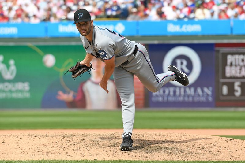 Apr 20, 2025; Philadelphia, Pennsylvania, USA; Miami Marlins relief pitcher Cade Gibsob (58) throws a pitch during the sixth inning against the Philadelphia Phillies at Citizens Bank Park. Mandatory Credit: Eric Hartline-Imagn Images