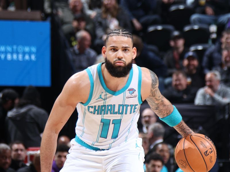 SALT LAKE CITY, UT - FEBRUARY 22: Cody Martin #11 of the Charlotte Hornets dribbles the ball during the game against the Utah Jazz on February 22, 2024 at Delta Center in Salt Lake City, Utah. NOTE TO USER: User expressly acknowledges and agrees that, by downloading and or using this Photograph, User is consenting to the terms and conditions of the Getty Images License Agreement. Mandatory Copyright Notice: Copyright 2024 NBAE (Photo by Melissa Majchrzak/NBAE via Getty Images)