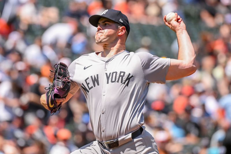 May 2, 2024; Baltimore, Maryland, USA;  New York Yankees starting pitcher Carlos Rodon (55) delivers a second inning pitch against the Baltimore Orioles at Oriole Park at Camden Yards. Mandatory Credit: James A. Pittman-USA TODAY Sports
