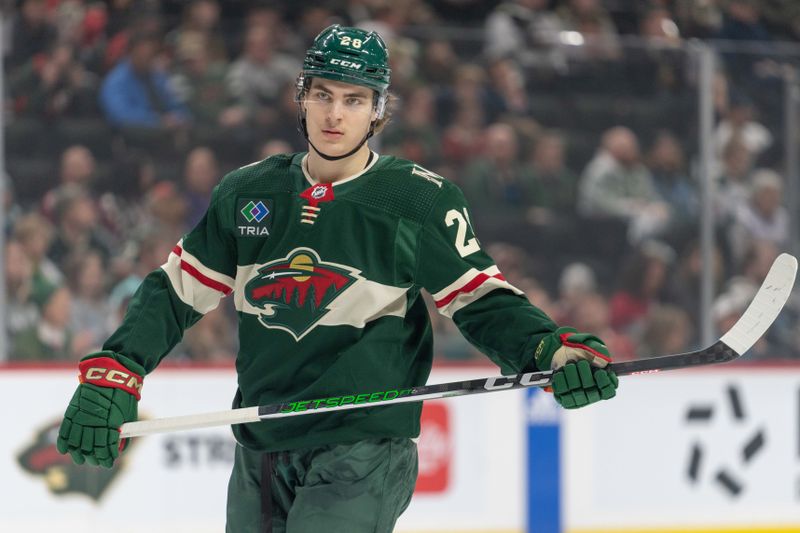 Apr 18, 2024; Saint Paul, Minnesota, USA; Minnesota Wild left wing Liam Ohgren (28) takes the ice against the Seattle Kraken in the first period at Xcel Energy Center. Mandatory Credit: Matt Blewett-USA TODAY Sports