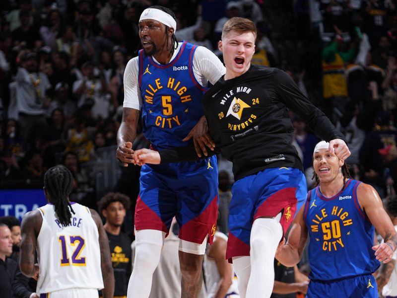 DENVER, CO - APRIL 20: Kentavious Caldwell-Pope #5 of the Denver Nuggets celebrates during the game against the Los Angeles Lakers during Round 1 Game 1 of the 2024 NBA Playoffs on April 20, 2024 at the Ball Arena in Denver, Colorado. NOTE TO USER: User expressly acknowledges and agrees that, by downloading and/or using this Photograph, user is consenting to the terms and conditions of the Getty Images License Agreement. Mandatory Copyright Notice: Copyright 2024 NBAE (Photo by Garrett Ellwood/NBAE via Getty Images)