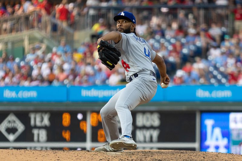 Jun 10, 2023; Philadelphia, Pennsylvania, USA; Los Angeles Dodgers pitcher Andre Jackson (44) throws a pitch during the ninth inning against the Philadelphia Phillies at Citizens Bank Park. Mandatory Credit: Bill Streicher-USA TODAY Sports