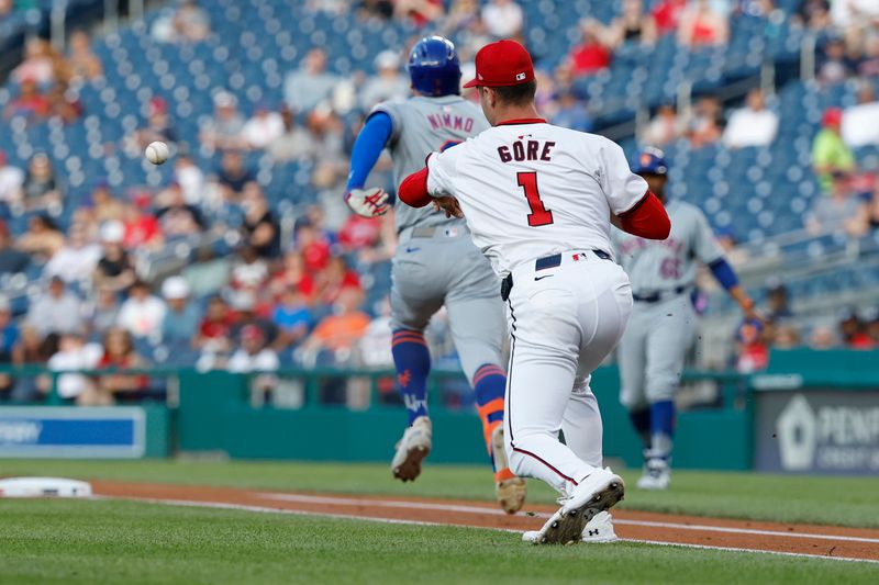 Jun 3, 2024; Washington, District of Columbia, USA; Washington Nationals pitcher MacKenzie Gore (1) makes a thro to first base on a ground ball hit by New York Mets outfielder Brandon Nimmo (9) during the first inning at Nationals Park. Mandatory Credit: Geoff Burke-USA TODAY Sports