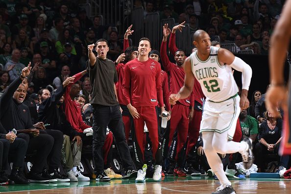 BOSTON, MA - OCTOBER 27: The Miami Heat celebrate during the game against the Boston Celtics on October 27, 2023 at the TD Garden in Boston, Massachusetts. NOTE TO USER: User expressly acknowledges and agrees that, by downloading and or using this photograph, User is consenting to the terms and conditions of the Getty Images License Agreement. Mandatory Copyright Notice: Copyright 2023 NBAE  (Photo by Brian Babineau/NBAE via Getty Images)