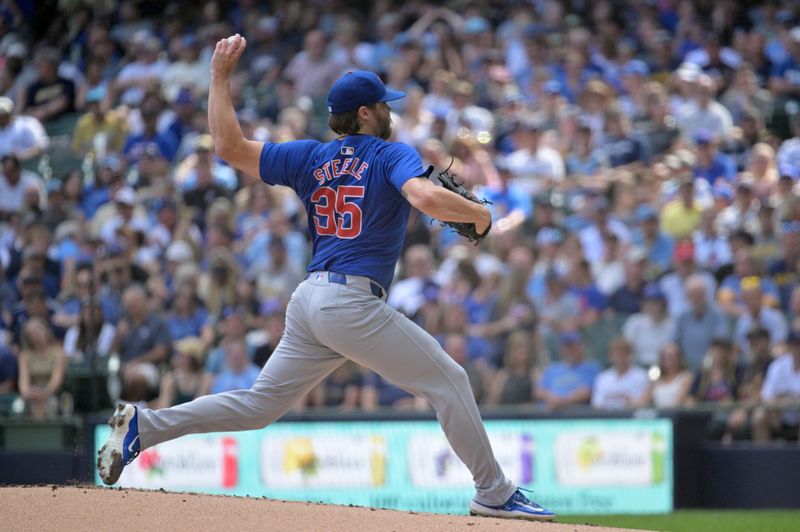 Jun 29, 2024; Milwaukee, Wisconsin, USA; Chicago Cubs pitcher Justin Steele (35) delivers a pitch against the Milwaukee Brewers in the first inning at American Family Field. Mandatory Credit: Michael McLoone-USA TODAY Sports