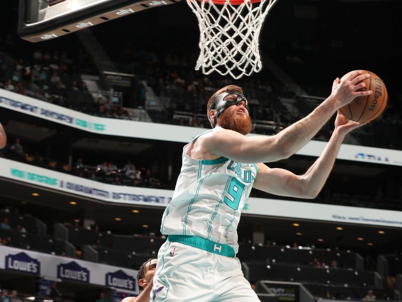 CHARLOTTE, NC - APRIL 3: Davis Bertans #9 of the Charlotte Hornets goes to the basket during the game on April 3, 2024 at Spectrum Center in Charlotte, North Carolina. NOTE TO USER: User expressly acknowledges and agrees that, by downloading and or using this photograph, User is consenting to the terms and conditions of the Getty Images License Agreement. Mandatory Copyright Notice: Copyright 2024 NBAE (Photo by Kent Smith/NBAE via Getty Images)