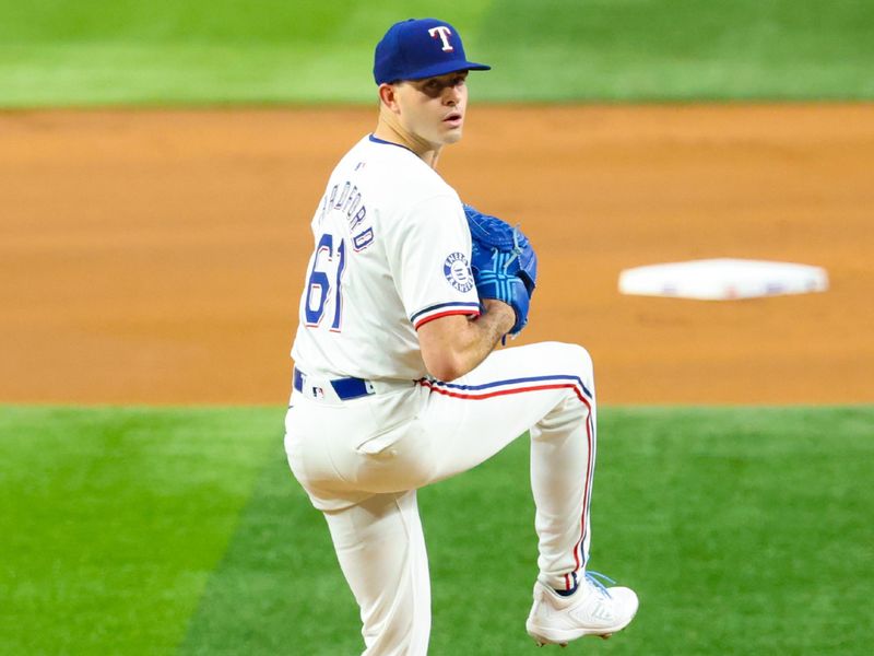 Aug 20, 2024; Arlington, Texas, USA; Texas Rangers starting pitcher Cody Bradford (61) throws during the first inning against the Pittsburgh Pirates  at Globe Life Field. Mandatory Credit: Kevin Jairaj-USA TODAY Sports