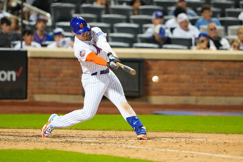 Aug 30, 2023; New York City, New York, USA; New York Mets first baseman Pete Alonso (20) hits a single against the Texas Rangers during the eighth inning at Citi Field. Mandatory Credit: Gregory Fisher-USA TODAY Sports