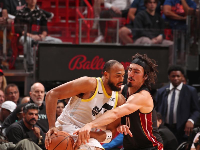 MIAMI, FL - MARCH 2: Jaime Jaquez Jr. #11 of the Miami Heat plays defense during the game against the Utah Jazz on March 2, 2024 at Kaseya Center in Miami, Florida. NOTE TO USER: User expressly acknowledges and agrees that, by downloading and or using this Photograph, user is consenting to the terms and conditions of the Getty Images License Agreement. Mandatory Copyright Notice: Copyright 2024 NBAE (Photo by Issac Baldizon/NBAE via Getty Images)