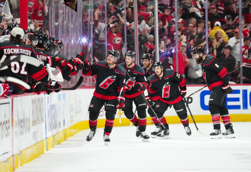 May 10, 2025; Raleigh, North Carolina, USA; Carolina Hurricanes center Jack Roslovic (96) celebrates his goal against the Washington Capitals during the second period in game three of the second round of the 2025 Stanley Cup Playoffs at Lenovo Center. Mandatory Credit: James Guillory-Imagn Images