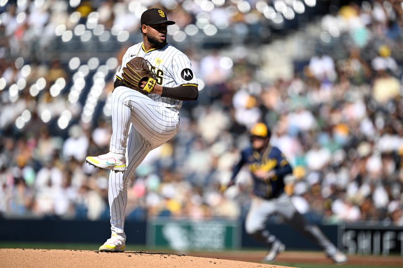 Jun 22, 2024; San Diego, California, USA; San Diego Padres starting pitcher Randy Vasquez (98) pitches against the Milwaukee Brewers during the first inning at Petco Park. Mandatory Credit: Orlando Ramirez-USA TODAY Sports