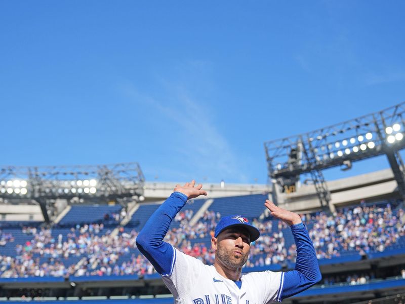 Sep 10, 2023; Toronto, Ontario, CAN; Toronto Blue Jays center fielder Kevin Kiermaier (39) gestures to the crowd at the end of the ninth inning against the Kansas City Royals at Rogers Centre. Mandatory Credit: Nick Turchiaro-USA TODAY Sports