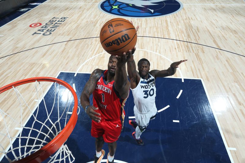 MINNEAPOLIS, MN -  MARCH 19:  Zion Williamson #1 of the New Orleans Pelicans drives to the basket during the game against the Minnesota Timberwolves  on March 19, 2025 at Target Center in Minneapolis, Minnesota. NOTE TO USER: User expressly acknowledges and agrees that, by downloading and or using this Photograph, user is consenting to the terms and conditions of the Getty Images License Agreement. Mandatory Copyright Notice: Copyright 2025 NBAE (Photo by David Sherman/NBAE via Getty Images)