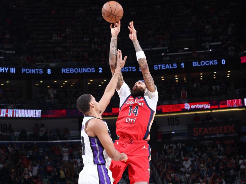 NEW ORLEANS, LA - APRIL 19:  Brandon Ingram #14 of the New Orleans Pelicans shoots the ball during the game   against the Sacramento Kings during the 2024 Play-In Tournament on April 19, 2024 at the Smoothie King Center in New Orleans, Louisiana. NOTE TO USER: User expressly acknowledges and agrees that, by downloading and or using this Photograph, user is consenting to the terms and conditions of the Getty Images License Agreement. Mandatory Copyright Notice: Copyright 2024 NBAE (Photo by Jeff Haynes./NBAE via Getty Images)