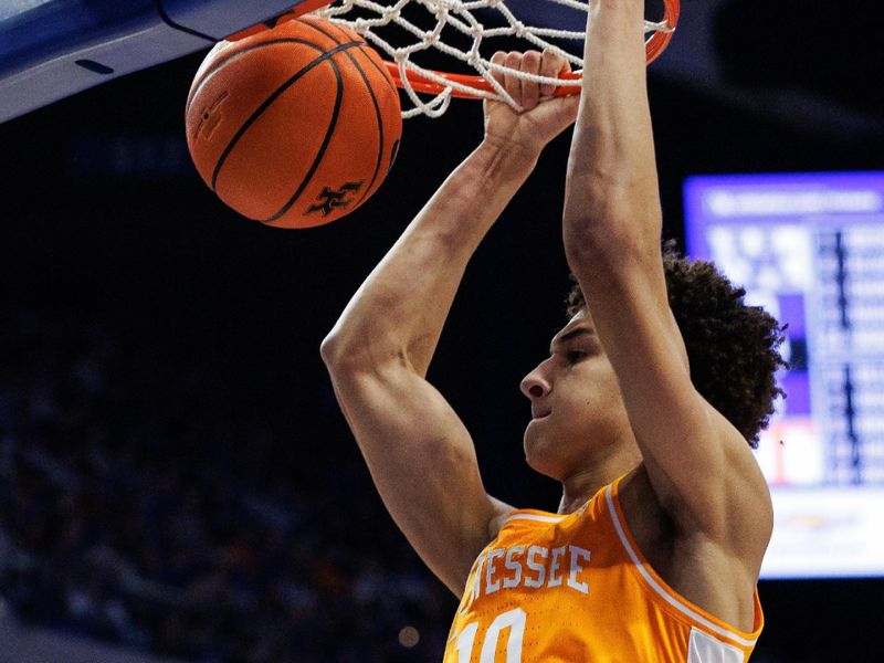 Feb 7, 2026; Lexington, Kentucky, USA; Tennessee Volunteers forward Nate Ament (10) dunks the ball during the first half against the Kentucky Wildcats at Rupp Arena at Central Bank Center. Mandatory Credit: Jordan Prather-Imagn Images