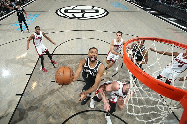 BROOKLYN, NY - NOVEMBER 25: Mikal Bridges #1 of the Brooklyn Nets drives to the basket during the game against the Miami Heat on November 25, 2023 at Barclays Center in Brooklyn, New York. NOTE TO USER: User expressly acknowledges and agrees that, by downloading and or using this Photograph, user is consenting to the terms and conditions of the Getty Images License Agreement. Mandatory Copyright Notice: Copyright 2023 NBAE (Photo by Nathaniel S. Butler/NBAE via Getty Images)