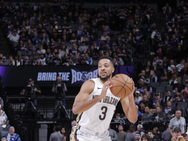 SACRAMENTO, CA - JANUARY 7:  CJ McCollum #3 of the New Orleans Pelicans handles the ball during the game  on January 7, 2024 at Golden 1 Center in Sacramento, California. NOTE TO USER: User expressly acknowledges and agrees that, by downloading and or using this Photograph, user is consenting to the terms and conditions of the Getty Images License Agreement. Mandatory Copyright Notice: Copyright 2024 NBAE (Photo by Rocky Widner/NBAE via Getty Images)