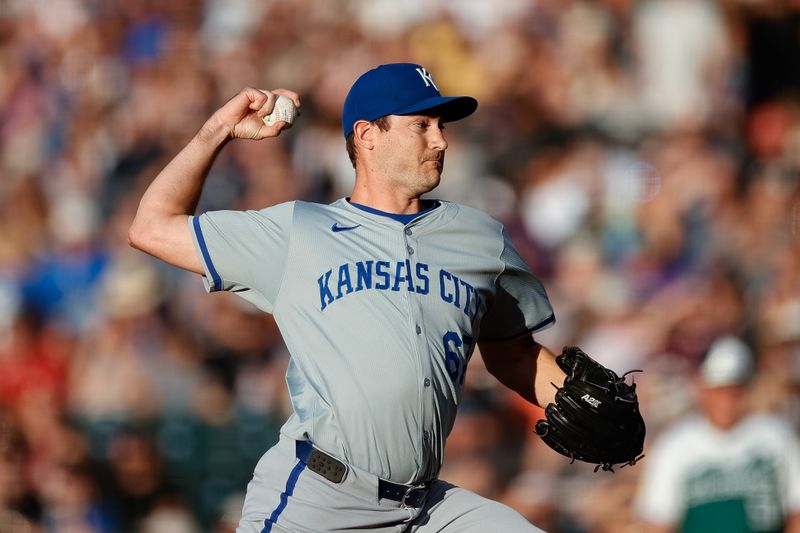 Jul 6, 2024; Denver, Colorado, USA; Kansas City Royals starting pitcher Seth Lugo (67) pitches in the second inning against the Colorado Rockies at Coors Field. Mandatory Credit: Isaiah J. Downing-USA TODAY Sports