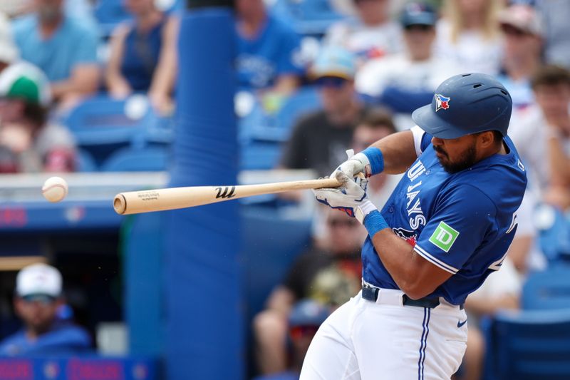 Mar 20, 2025; Dunedin, Florida, USA; Toronto Blue Jays outfielder Anthony Santander (25) breaks his bat on a foul ball against the Tampa Bay Rays in the sixth inning during spring training at TD Ballpark. Mandatory Credit: Nathan Ray Seebeck-Imagn Images