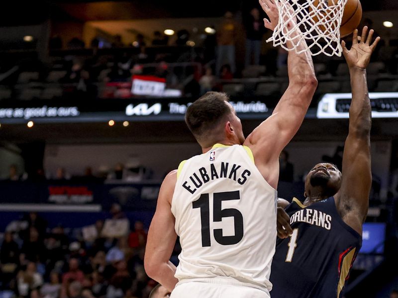 NEW ORLEANS, LOUISIANA - JANUARY 17: Zion Williamson #1 of the New Orleans Pelicans shoots over Drew Eubanks #15 of the Utah Jazz during the first half of a game at the Smoothie King Center on January 17, 2025 in New Orleans, Louisiana. NOTE TO USER: User expressly acknowledges and agrees that, by downloading and or using this photograph, User is consenting to the terms and conditions of the Getty Images License Agreement. (Photo by Derick E. Hingle/Getty Images)