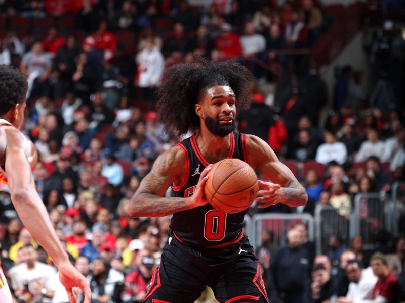 CHICAGO, IL - NOVEMBER 22: Coby White #0 of the Chicago Bulls looks to pass the ball during the game against the Atlanta Hawks during the Emirates NBA Cup game on November 22, 2024 at United Center in Chicago, Illinois. NOTE TO USER: User expressly acknowledges and agrees that, by downloading and or using this photograph, User is consenting to the terms and conditions of the Getty Images License Agreement. Mandatory Copyright Notice: Copyright 2024 NBAE (Photo by Jeff Haynes/NBAE via Getty Images)