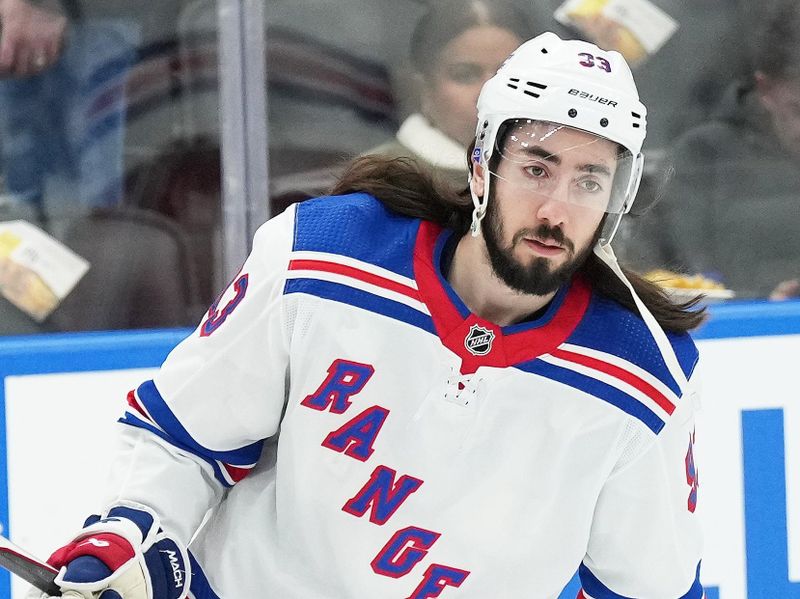 Dec 19, 2023; Toronto, Ontario, CAN; New York Rangers center Mika Zibanejad (93) skates during the warmup against the Toronto Maple Leafs at Scotiabank Arena. Mandatory Credit: Nick Turchiaro-USA TODAY Sports