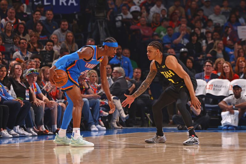 OKLAHOMA CITY, OK - MARCH 20: Shai Gilgeous-Alexander #2 of the Oklahoma City Thunder dribbles the ball during the game against the Utah Jazz on March 20, 2024 at Paycom Arena in Oklahoma City, Oklahoma. NOTE TO USER: User expressly acknowledges and agrees that, by downloading and or using this photograph, User is consenting to the terms and conditions of the Getty Images License Agreement. Mandatory Copyright Notice: Copyright 2024 NBAE (Photo by Zach Beeker/NBAE via Getty Images)
