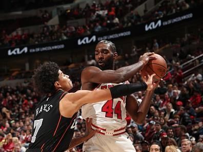 CHICAGO, IL - NOVEMBER 12: Patrick Williams #44 of the Chicago Bulls handles the ball during the game against the Detroit Pistons on November 12, 2023 at United Center in Chicago, Illinois. NOTE TO USER: User expressly acknowledges and agrees that, by downloading and or using this photograph, User is consenting to the terms and conditions of the Getty Images License Agreement. Mandatory Copyright Notice: Copyright 2023 NBAE (Photo by Gary Dineen/NBAE via Getty Images)