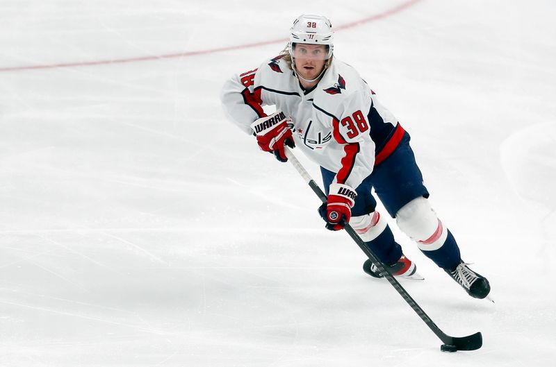 Mar 7, 2024; Pittsburgh, Pennsylvania, USA; Washington Capitals defenseman Rasmus Sandin (38) skates with the puck against the Pittsburgh Penguins during the third period at PPG Paints Arena. The Capitals shutout the Penguins 6-0. Mandatory Credit: Charles LeClaire-USA TODAY Sports