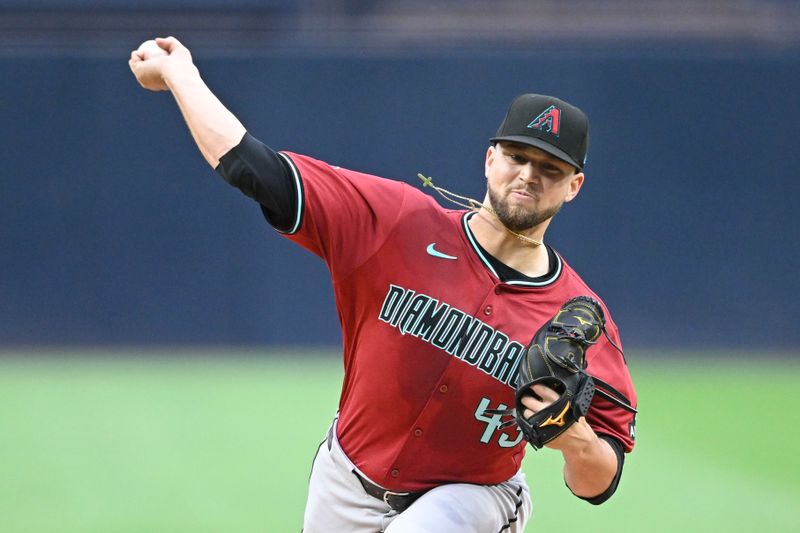 Jun 6, 2024; San Diego, California, USA; Arizona Diamondbacks starting pitcher Slade Cecconi (43) delivers during the first inning against the San Diego Padres at Petco Park. Mandatory Credit: Denis Poroy-USA TODAY Sports at Petco Park. 